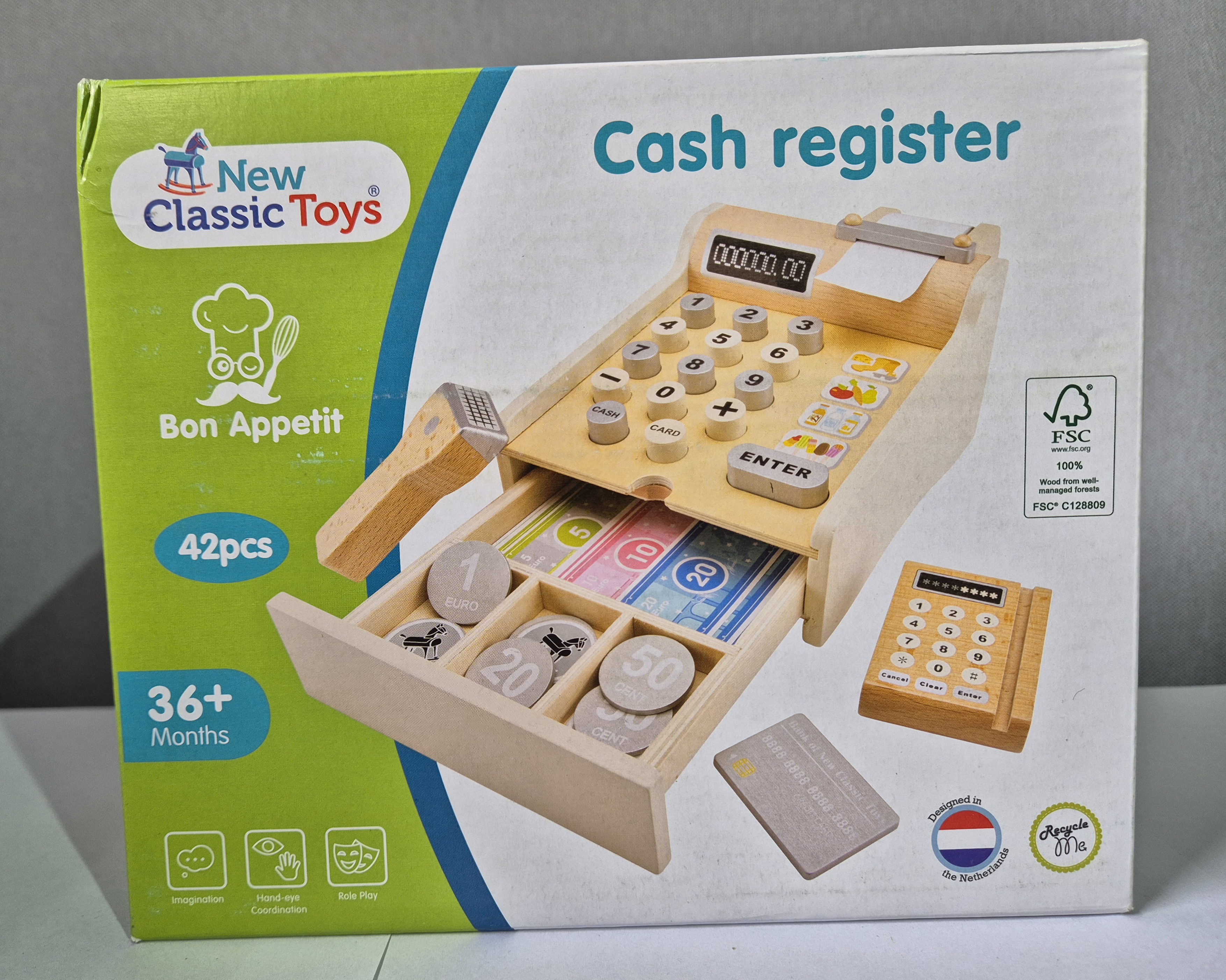 Toys 10651 Registrierkasse, inkl. Spielgeld, Scanner und Bankkarte, Zubehör für Kaufladen, aus Holz Produktbild