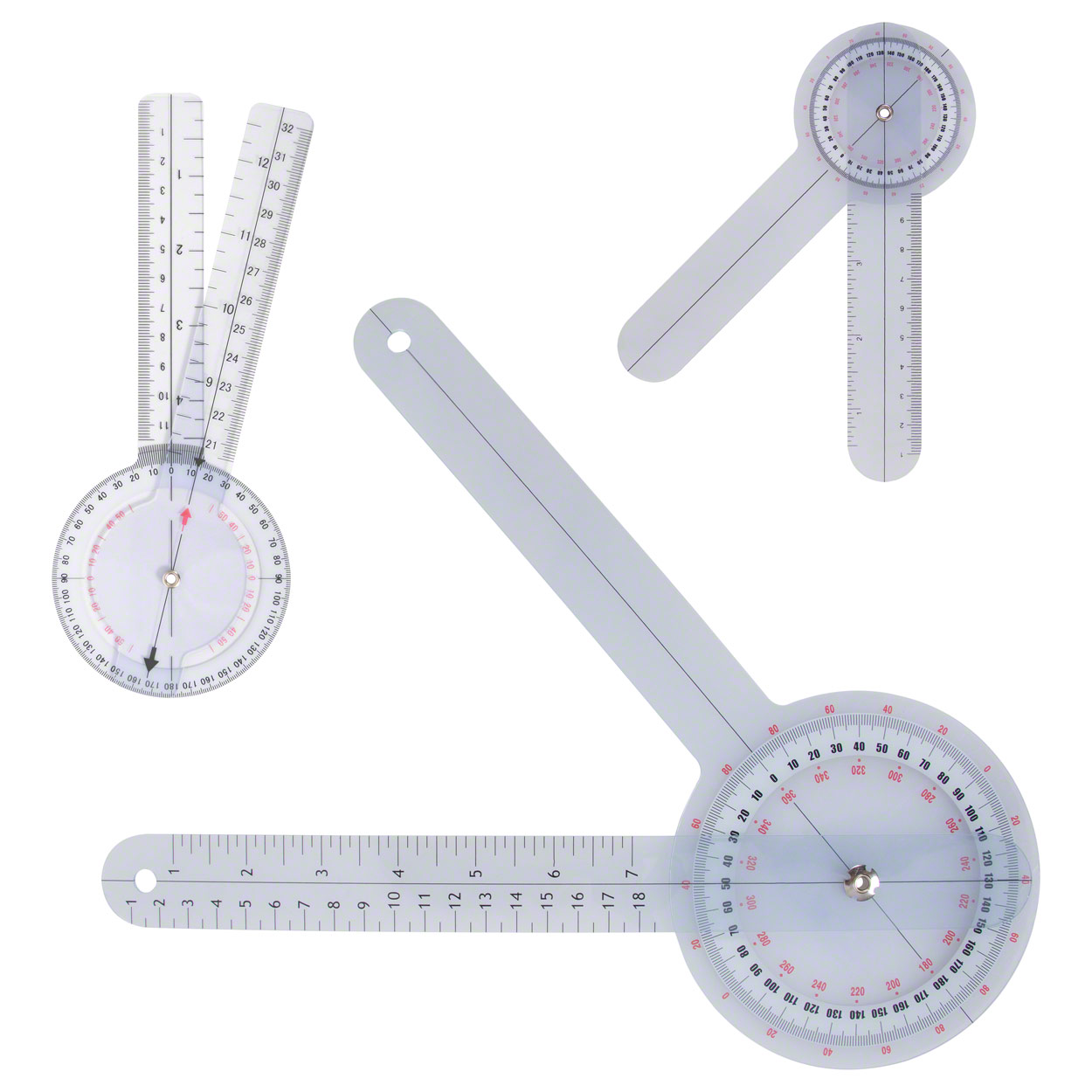 Drei transparente Winkelmesser in verschiedenen Größen und Formen auf einem weißen Hintergrund.